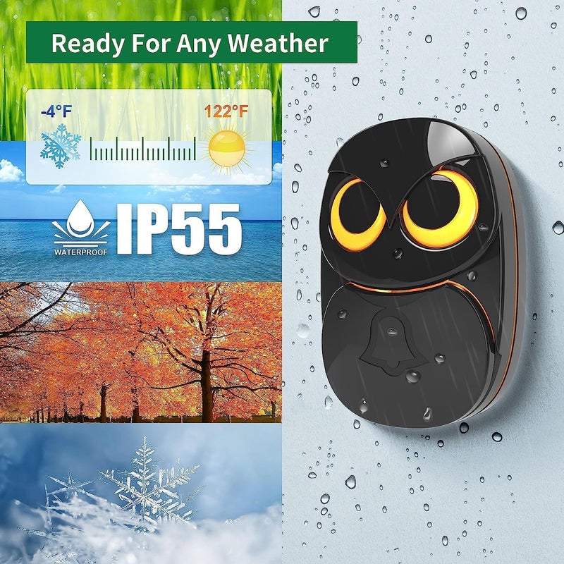 HTZSAFE Wireless Doorbell, Cute Owl Doorbell Weatherproof IP55 Outdoor Remote Push Button- 1000 feet Long Wireless Range- 35 Classic Melodies Optional,5 Volume Levels & LED Flash-2Receivers+1Transmitter,Black - Image 3